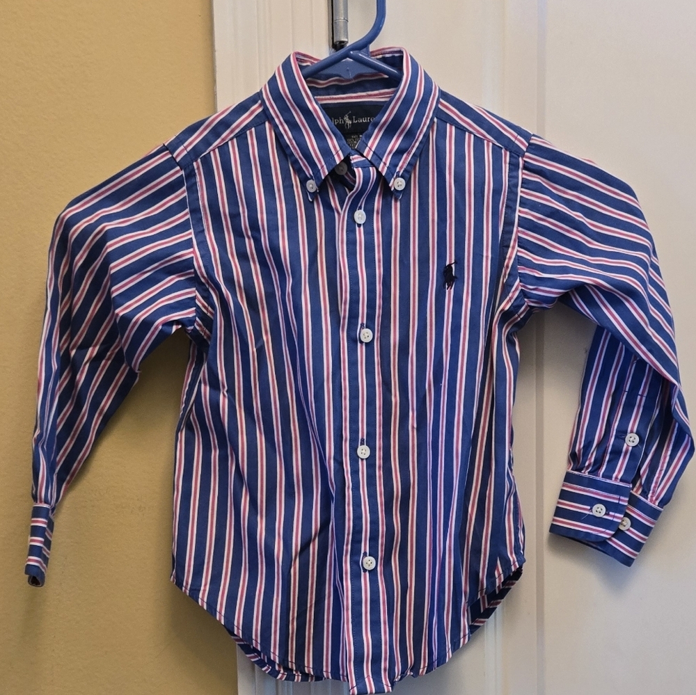 Polo by Ralph Lauren Boys Blue and Pink Striped Button Down Shirt 2 T
